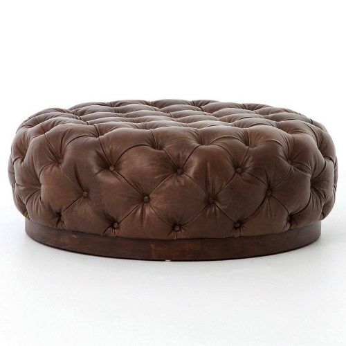 Brown Faux Leather Tufted Round Wood Ottomans (Photo 9 of 20)