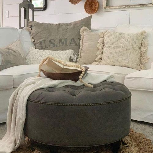 Weathered Ivory Leather Hide Pouf Ottomans (Photo 18 of 20)