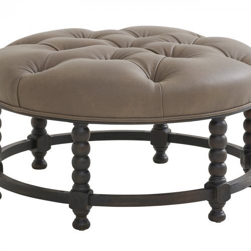 Brown Faux Leather Tufted Round Wood Ottomans (Photo 16 of 20)