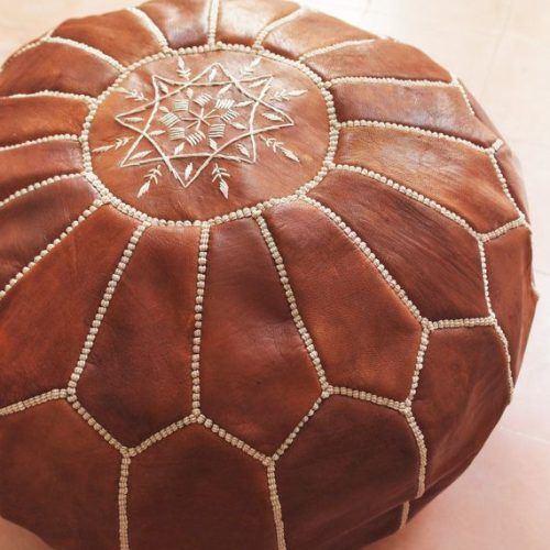 Brown Leather Tan Canvas Pouf Ottomans (Photo 3 of 20)