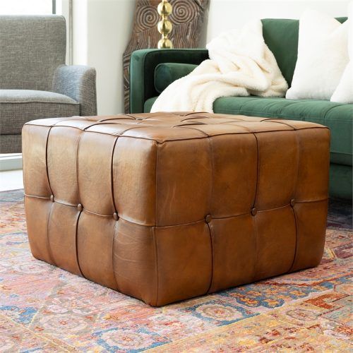 Round Beige Faux Leather Ottomans With Pull Tab (Photo 19 of 20)