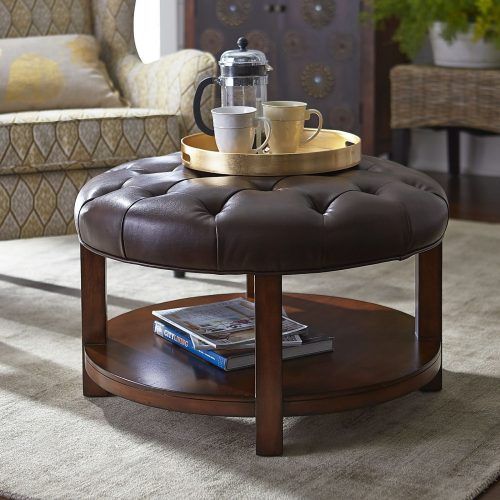 Brown Leather Round Pouf Ottomans (Photo 18 of 20)