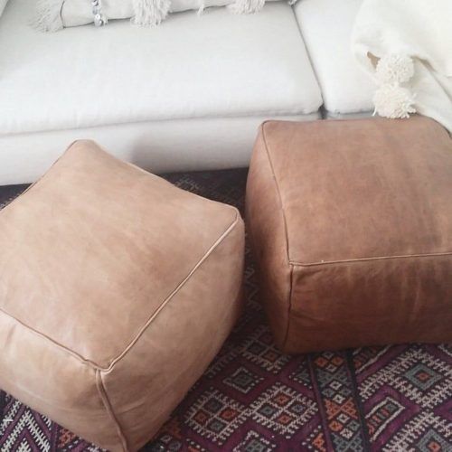 Brown Leather Tan Canvas Pouf Ottomans (Photo 7 of 20)