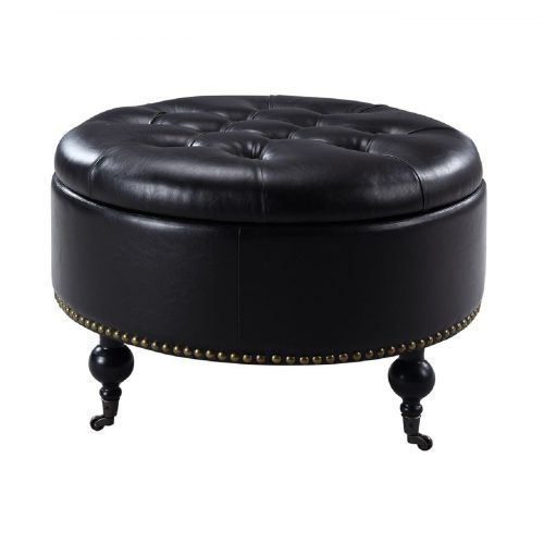 Brown Faux Leather Tufted Round Wood Ottomans (Photo 11 of 20)