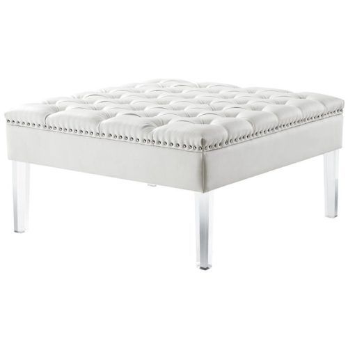 White Leather And Bronze Steel Tufted Square Ottomans (Photo 1 of 20)
