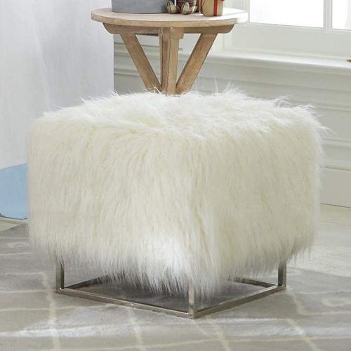 White Faux Fur And Gold Metal Ottomans (Photo 10 of 20)