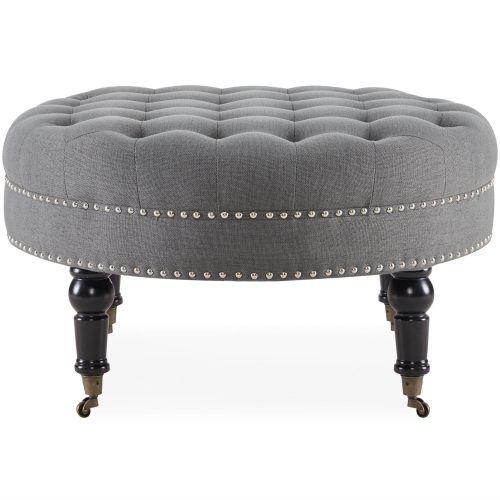 Round Beige Faux Leather Ottomans With Pull Tab (Photo 10 of 20)