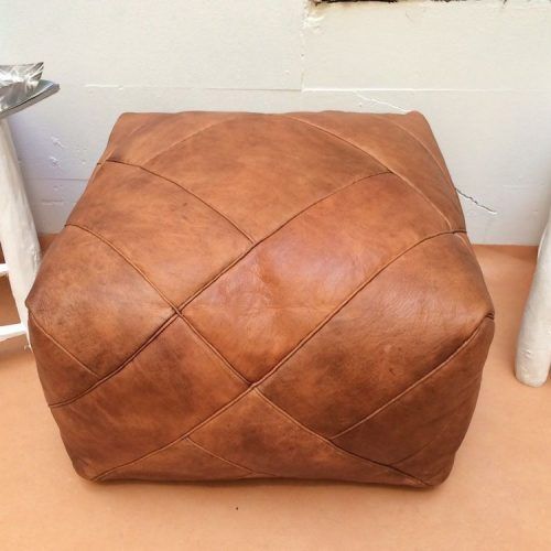 Brown Leather Tan Canvas Pouf Ottomans (Photo 1 of 20)